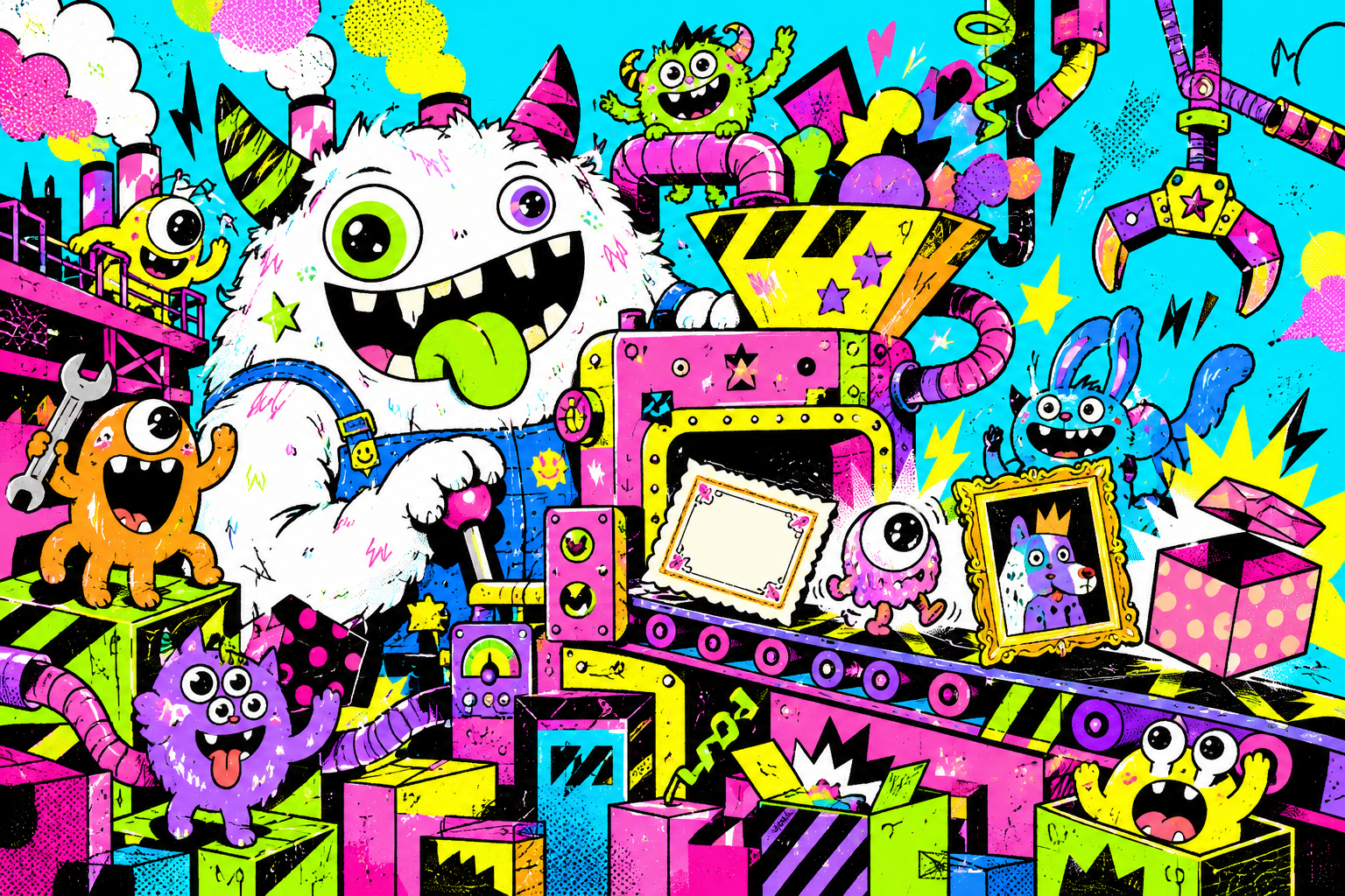 A wildly colourful monster factory making absurd gifts